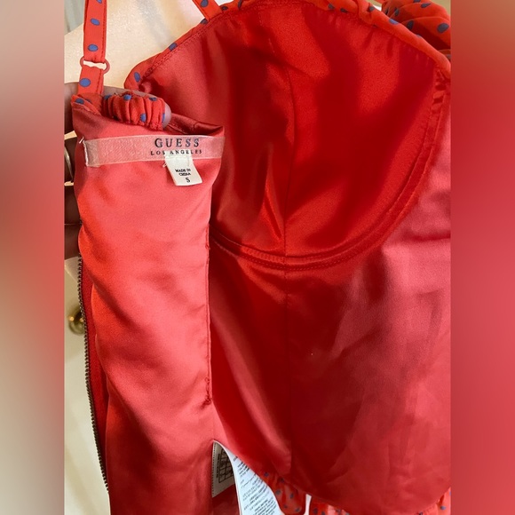 Guess corset vintage pin-up style top, red-orange + blue polka dots, bra top, S - Picture 5 of 5